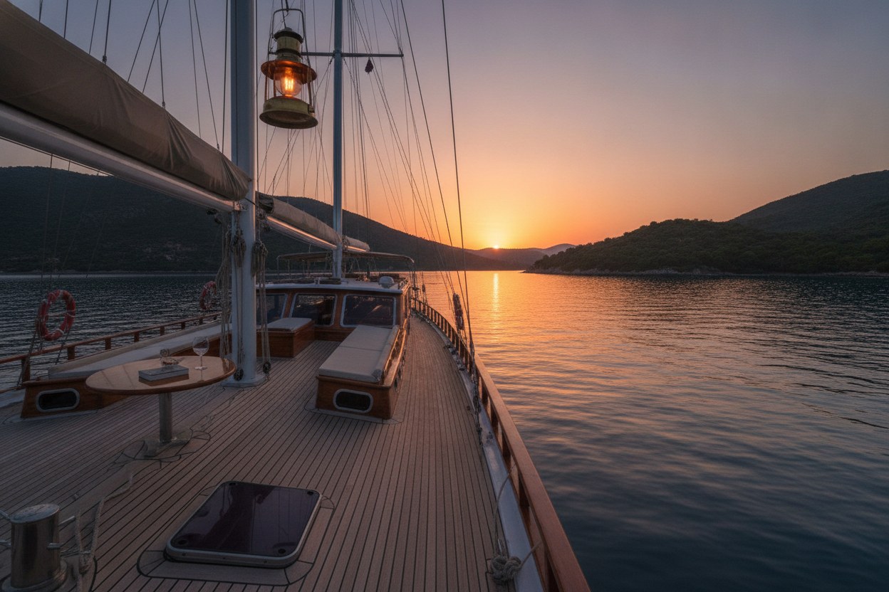 Gün batımında lacivert gökyüzü ve tekne silueti