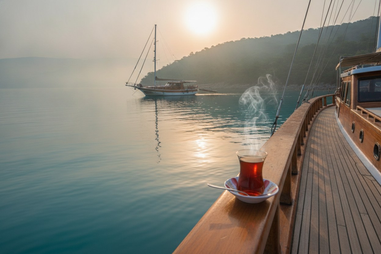 Şafak vakti sakin denizde demir atmış tekne